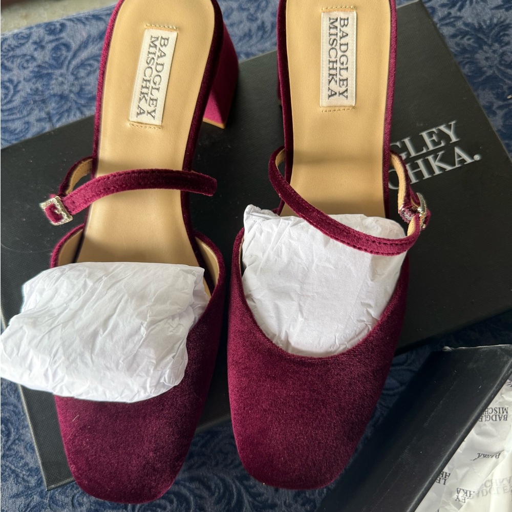 Badgley Mischka Burgundy Velvet Mary Jane Block Heel
